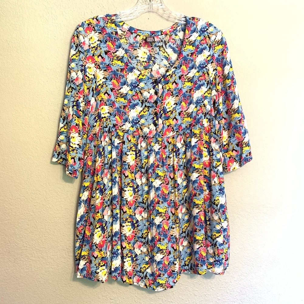 Free People Multicolor Floral V-Neck Babydoll Tunic